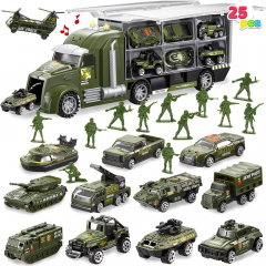 25 in 1 Green Military Big Truck Toys with Army Tanks Set with Soldier Men and Mini Battle Car