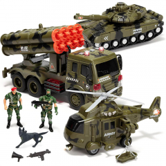 Friction Powered Siren Military Vehicle Toy with Military Truck and Helicopter and Tank 3 in 1 