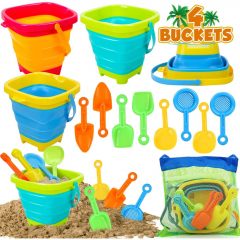 Collapsible Beach Toys for Kid Toddler Sand Toys with 4 Collapsible Sand Bucket Shovel