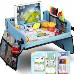 Kids Travel Tray with Dry Erase Top Car Seat Travel Tray with 16 Organizer Pockets
