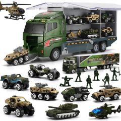 Military Truck with Soldier Men Set and Mini Die-cast Battle Car in Carrier Truck 26 Pcs 