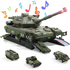 Military Vehicles Set with Battle Tank Toy and Missile with 4 Pack Mini Alloy Die-cast Army Cars