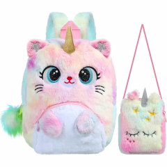 Unicorn Cat Backpack Purse Set Kawaii Cute Colorful Unicorn Kitty Shoulder Bag