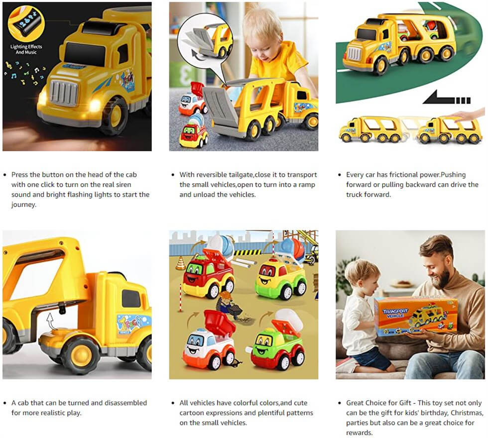 Construction Friction Power Toys Vehicle in Carrier Truck for Kids